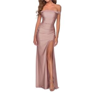 La Femme 28506 Off the Shoulder Criss Cross Back Slit Jersey Gown 6 NWOT